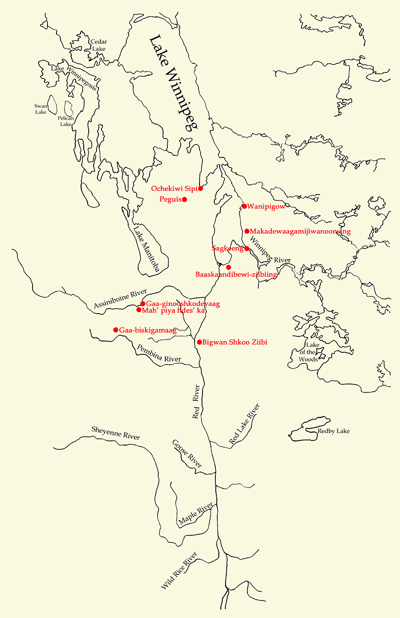 Waterways map, 2022. Produced by Heather Komus, Winnipeg Public Library (amended by Vanda Fleury in 2023 and 2024). Source: “The Replenishing River.” Signage at Lockport Provincial Park, 2001.