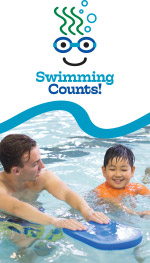 Swimming Counts Logo above image of student with instructor
