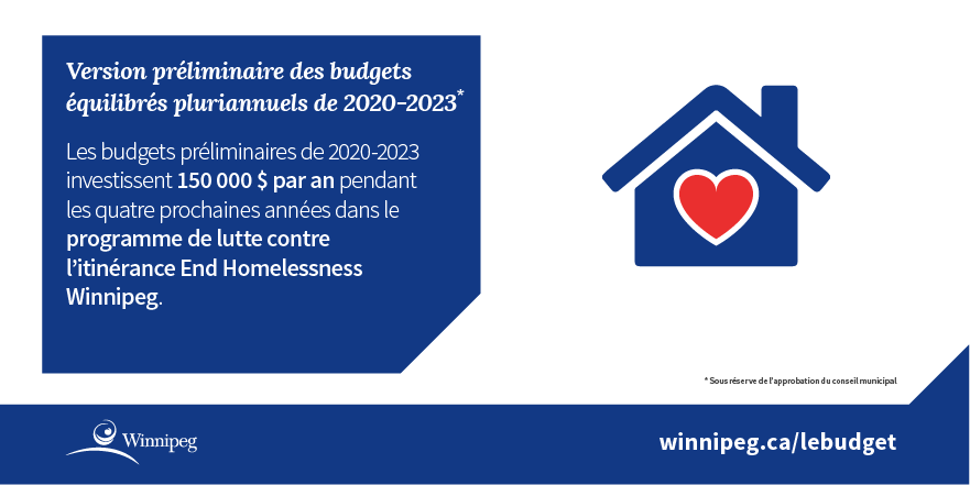 Infographie - Les budgets préliminaires de 2020-2023 investissent 150 000 $ par an pendant les quatre prochaines années dans le programme de lutte contre l’itinérance End Homelessness Winnipeg.