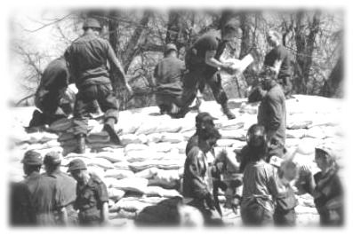 A picture of the Armed Forces and volunteers working side by side building a dike, City of Winnipeg Photo