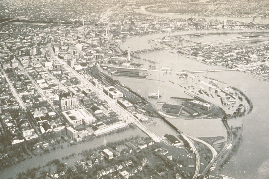An aerial view of The Forks