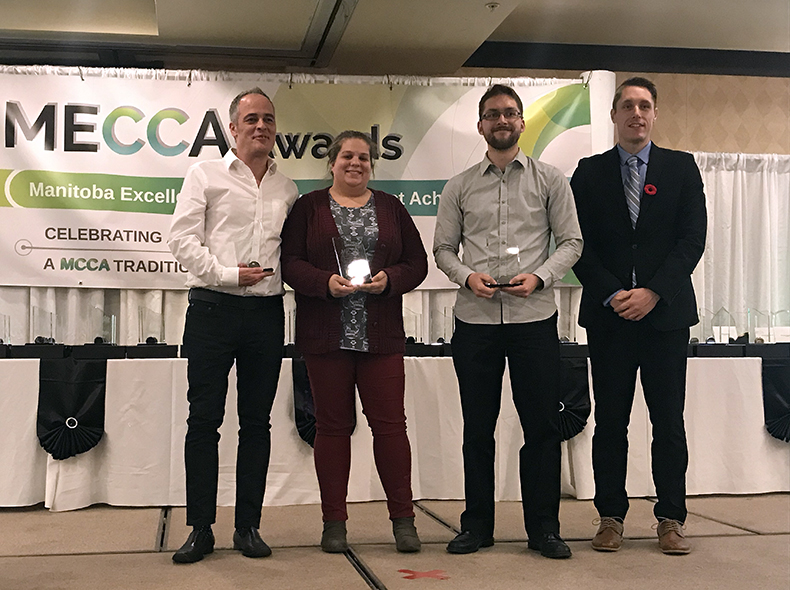 (from left) Antonio Fernandes, Tia Sparling, and Mario Gigliotti from the 311 Contact Centre receive their awards.
