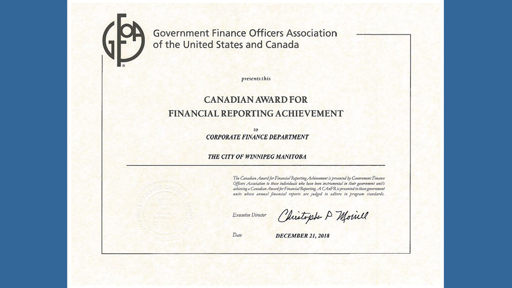 City of Winnipeg’s Annual Financial Report nabs national award