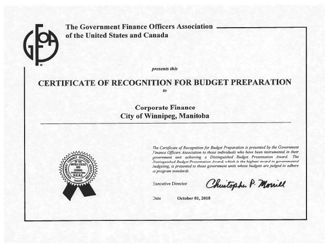 The City previously received the Canadian Award for Financial Reporting Award and the Distinguished Budget Presentation Award.