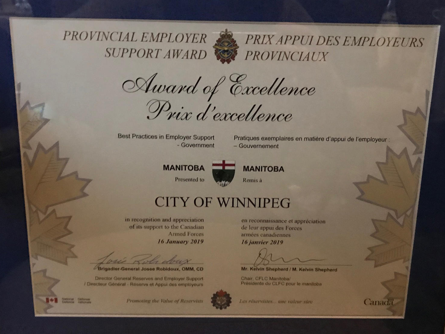 The City of Winnipeg previously received the Best Practices in Employer Support for a Government Organization for Manitoba award in January 2019.