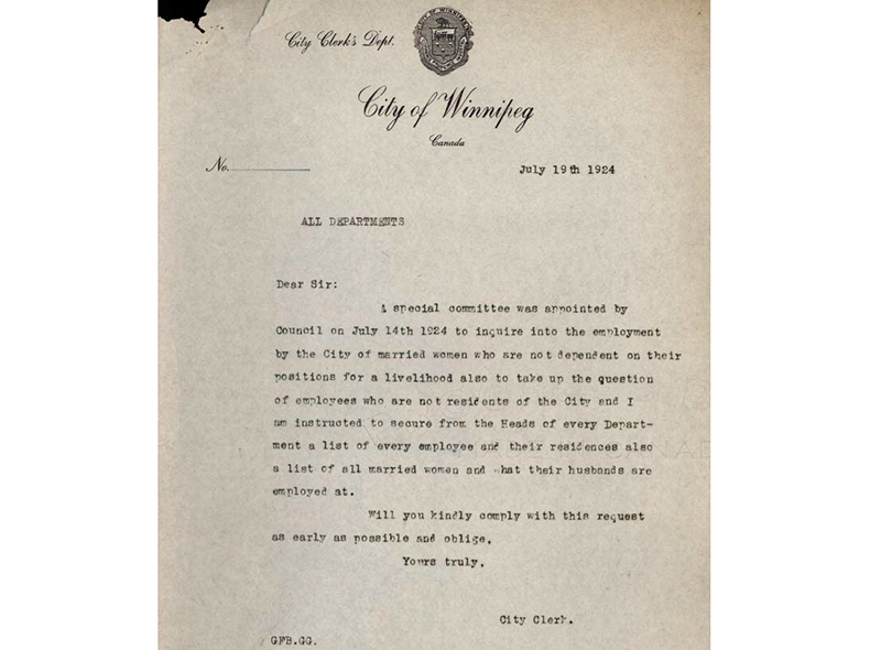 Letter dated July 19, 1924 from the City Clerk advising of the Special Committee to Enquire into the Employment of Married Women's request for a list of all married women and their husbands' employment details.