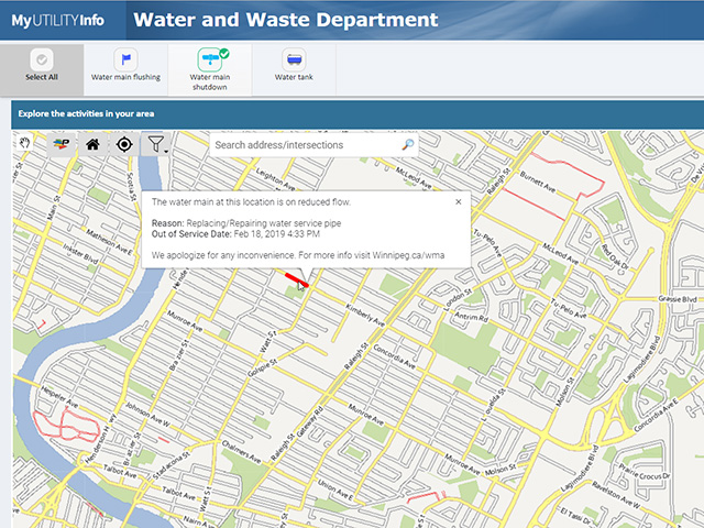 The MyUtilityInfo website now includes a map showing detailed information about water main activity.