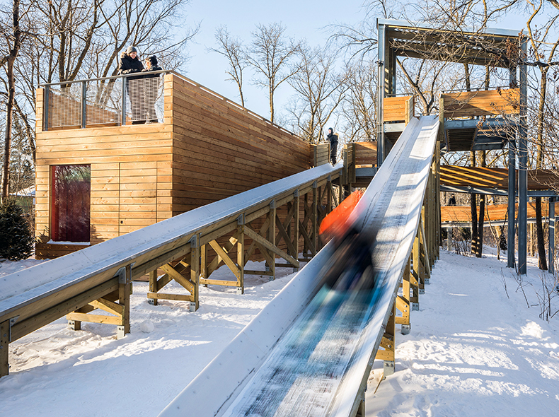 Manitoboggan features a viewing deck on top of a warming shelter with panoramic views of the St. Vital Park.