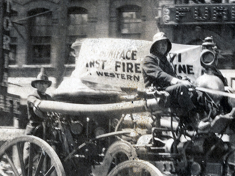 Parade float, St. Boniface fire fighters in first fire engine in western Canada, 1924. City of Winnipeg Archives.