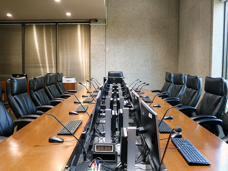 Desk and chairs in meeting room