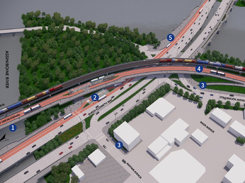 The plan proposes different kinds of infrastructure. This diagram of proposed changes at the intersection of Queen Elizabeth Way, Mayfair Avenue, and Stradbrook Avenue, including an elevated transitway (1) connecting Union Station and Harkness Station.