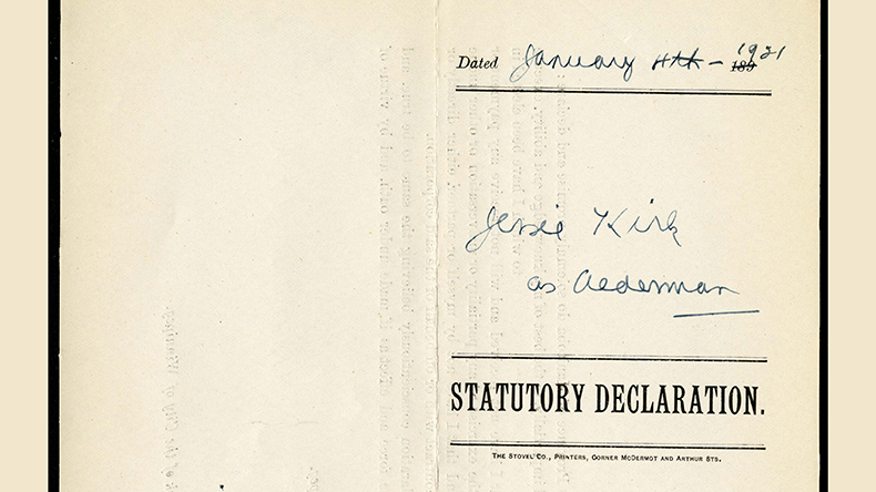 Cover of Jessie Kirk’s statutory declaration