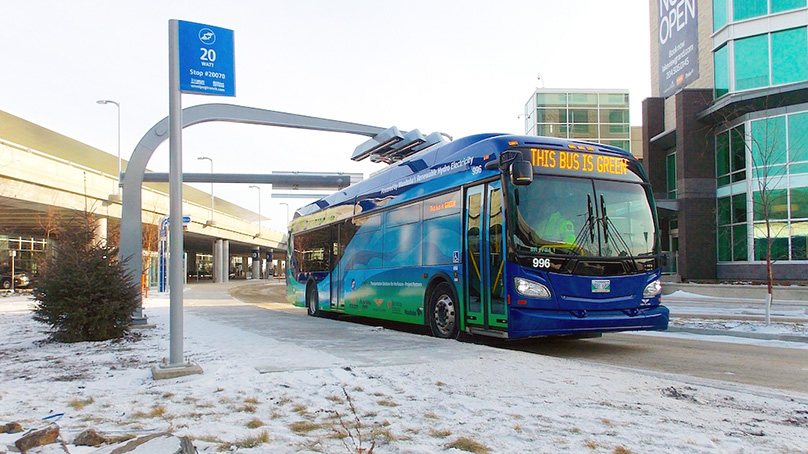 A bus from the previous electric bus demonstration on Route 20 Academy-Watt from 2014-2018.