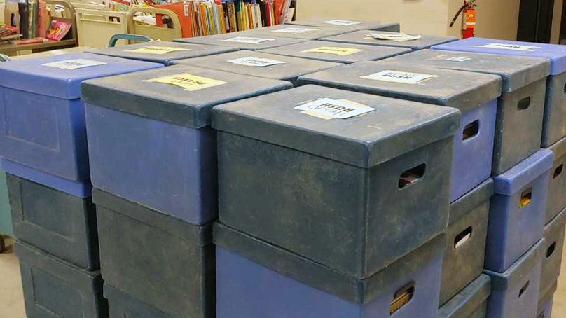 Books in boxes at Winnipeg Public Library