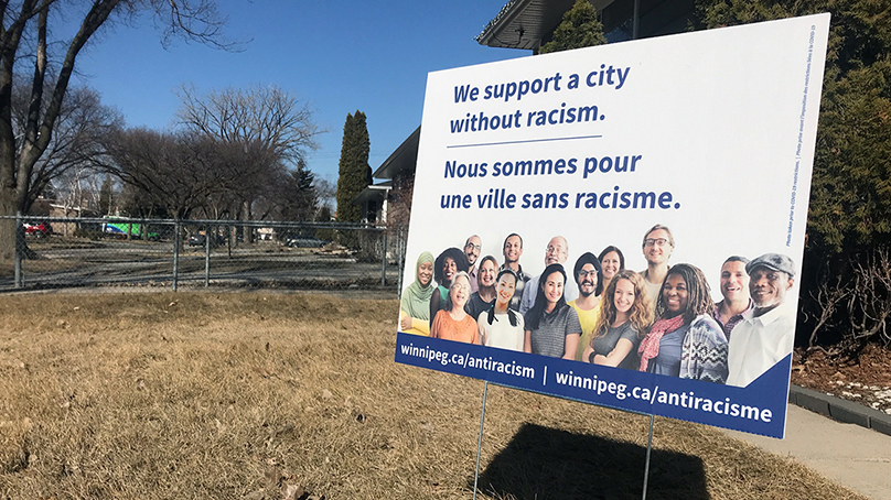 A limited number of lawn signs were also produced to show support for Anti-Racism Week. They were available at Winnipeg Public Library branches but were quickly picked up by residents. .