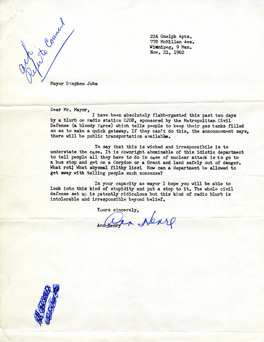 Letter from Ann Henry received as information by City Council, 1962. City of Winnipeg Archives, Council Communications, No. 22852.