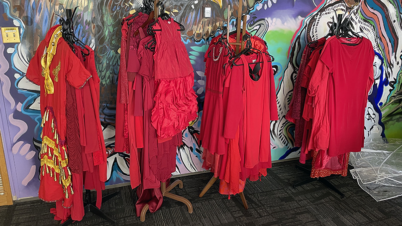 The red dresses that were donated by City staff prior to them being displayed.
