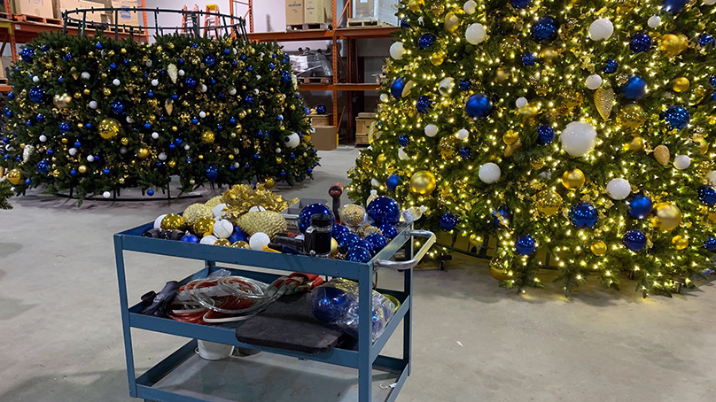 The Christmas tree was put together in pieces inside one of our Public Work warehouses.