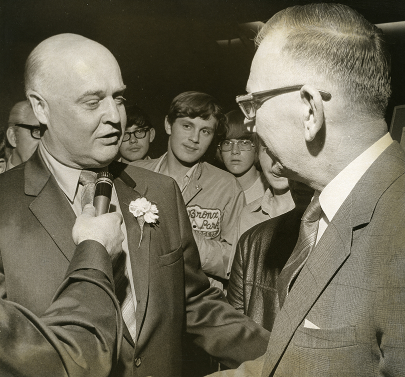 The 1971 Civic Election was a landslide victory for Mayor Stephen Juba (right) who defeated his nearest opponent Jack Willis (left), the Metro Council Chairperson, by nearly three to one. In addition to being the first Mayor of the newly unified City of Winnipeg, Mayor Juba is still the longest-serving Mayor in Winnipeg’s history (1957-1977). 

Photo taken on Election Day, October 6, 1971. Credit: Gregg Burner UMA, Winnipeg Tribune fonds, PC18 (A.81-12), Box 19, File 678, Item 7
