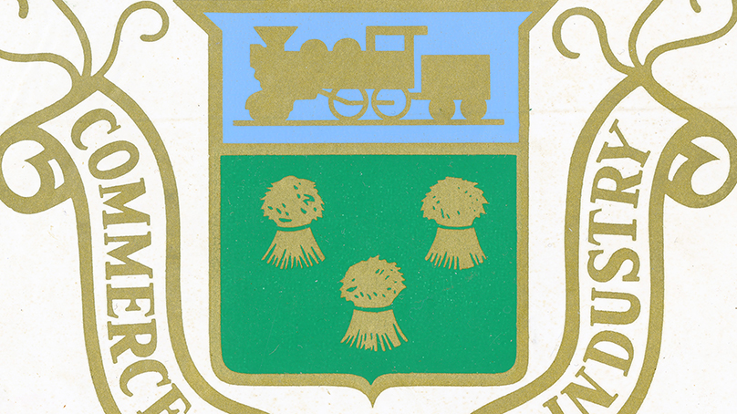 The first City of Winnipeg crest featured wheat sheaves as well as a train and railway system.