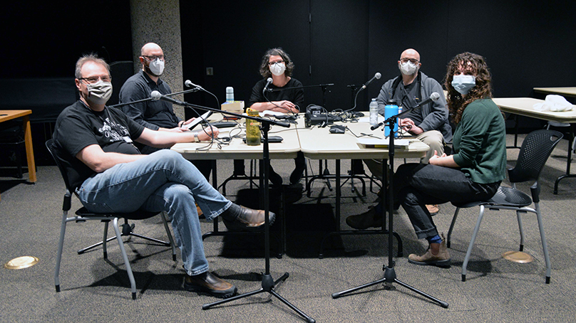 Recording the 50th episode. L-R Trevor Lockhart, Alan Chorney, Kirsten Wurmann, Dennis Penner, Toby Cygman