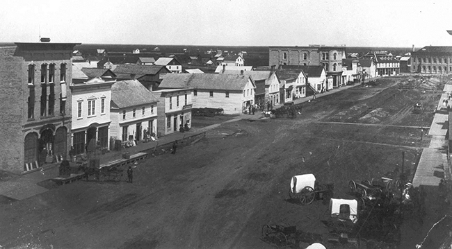 West side of Main Street north of Lombard Avenue, 1876. Archives of Manitoba, N21074
