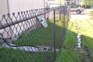 Photo of improper sump pump hose placement - Hose draining onto neighbour's property