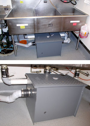 Grease trap and sink photo and grease trap close up photo