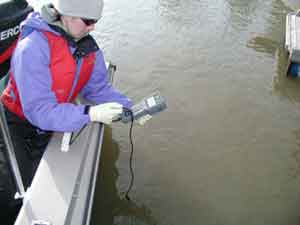 Testing river water samples for levels of dissolved oxygen